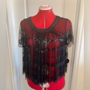 Free People Black Sequin Mesh Short Sleeve Sequin Top